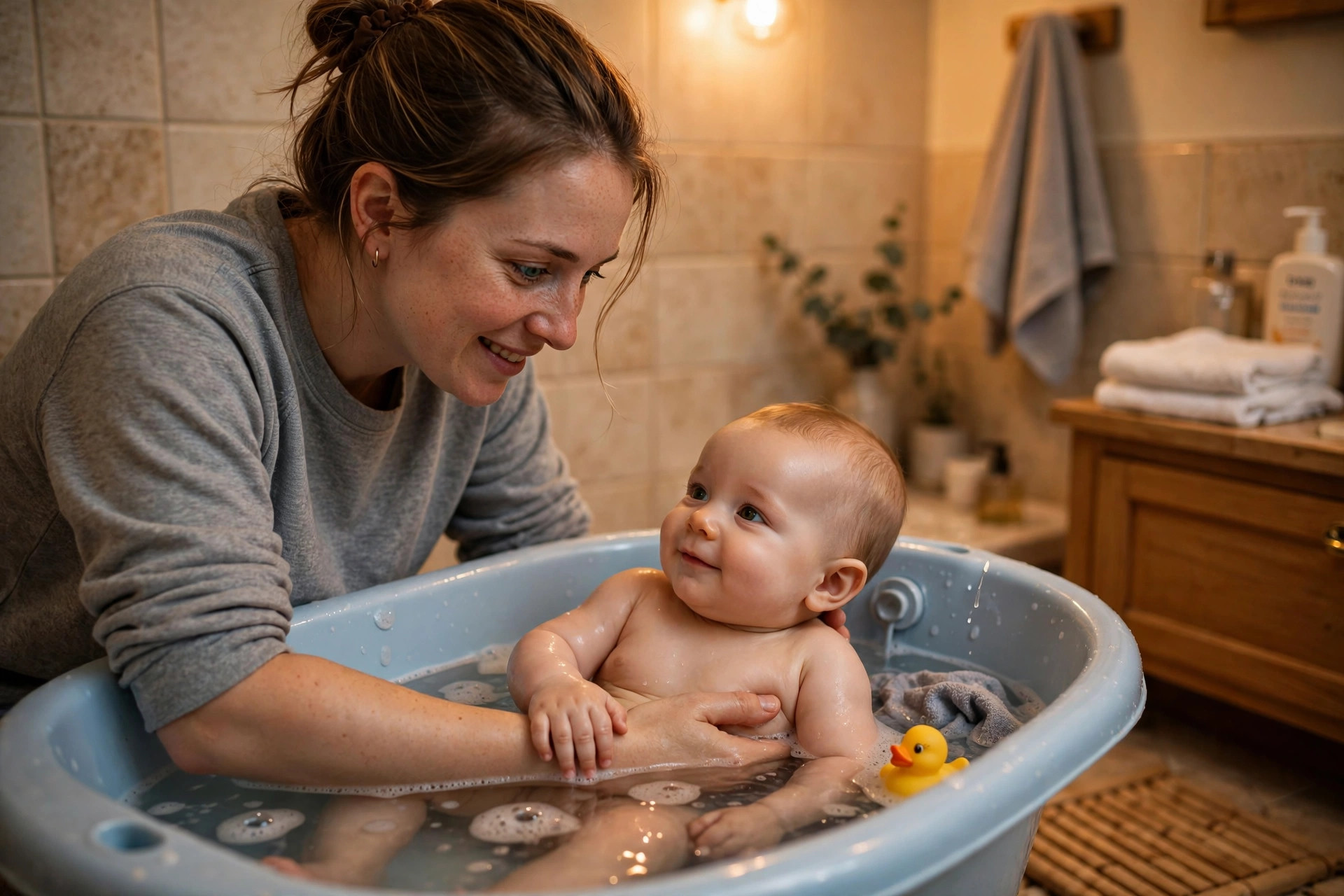Parent bathing a baby in a small tub
