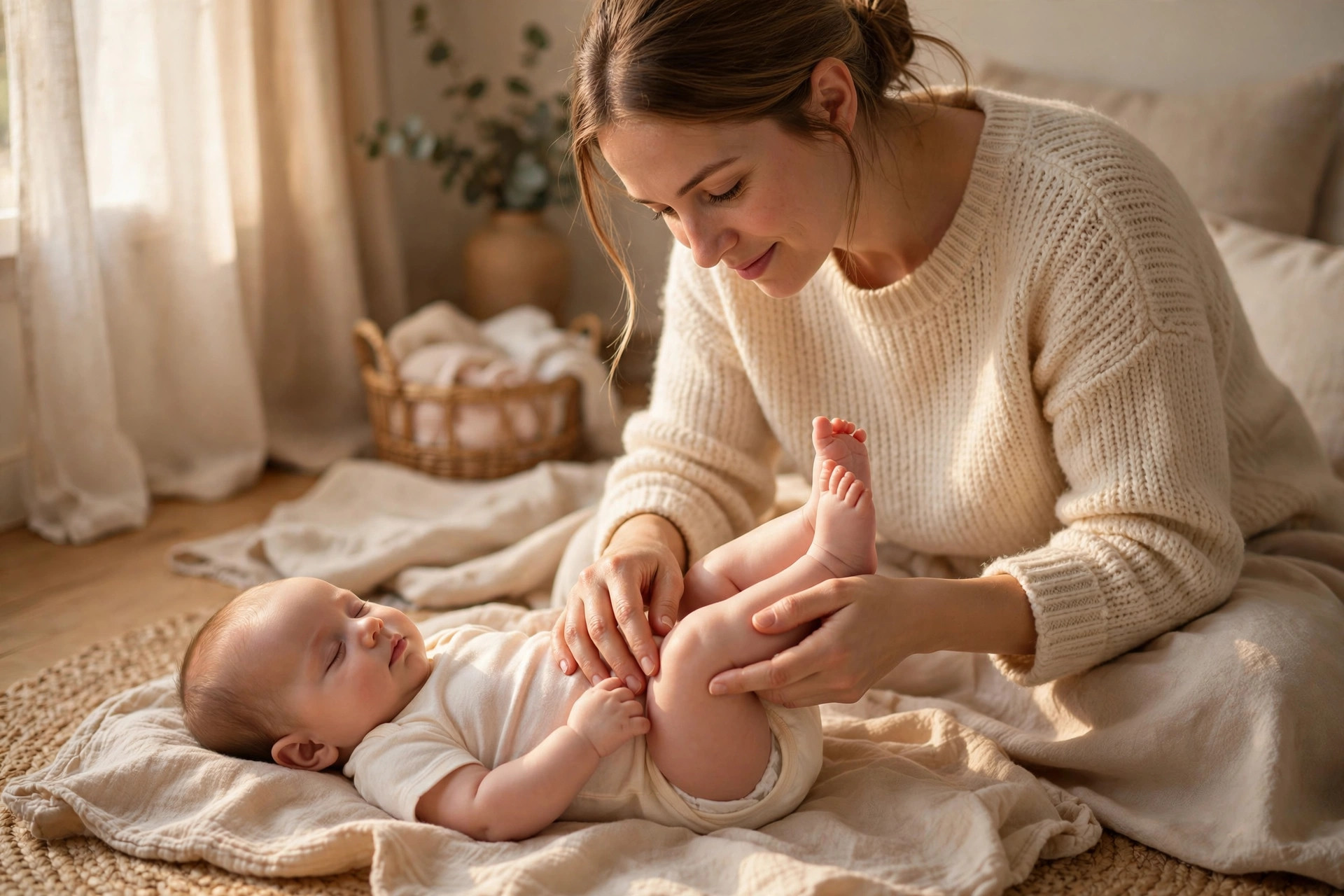 Parent gently massaging a baby's legs