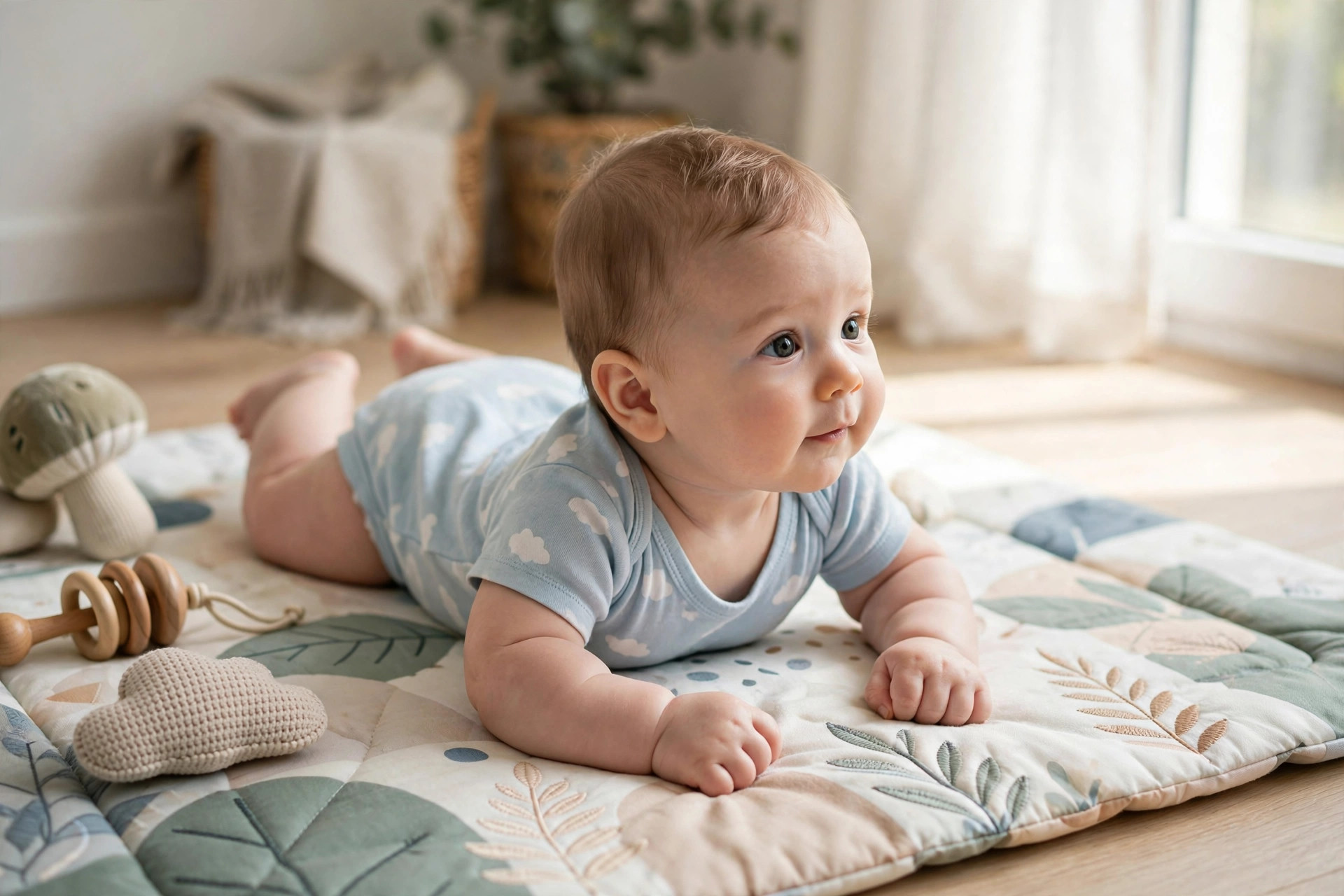 Baby doing tummy time on a play mat