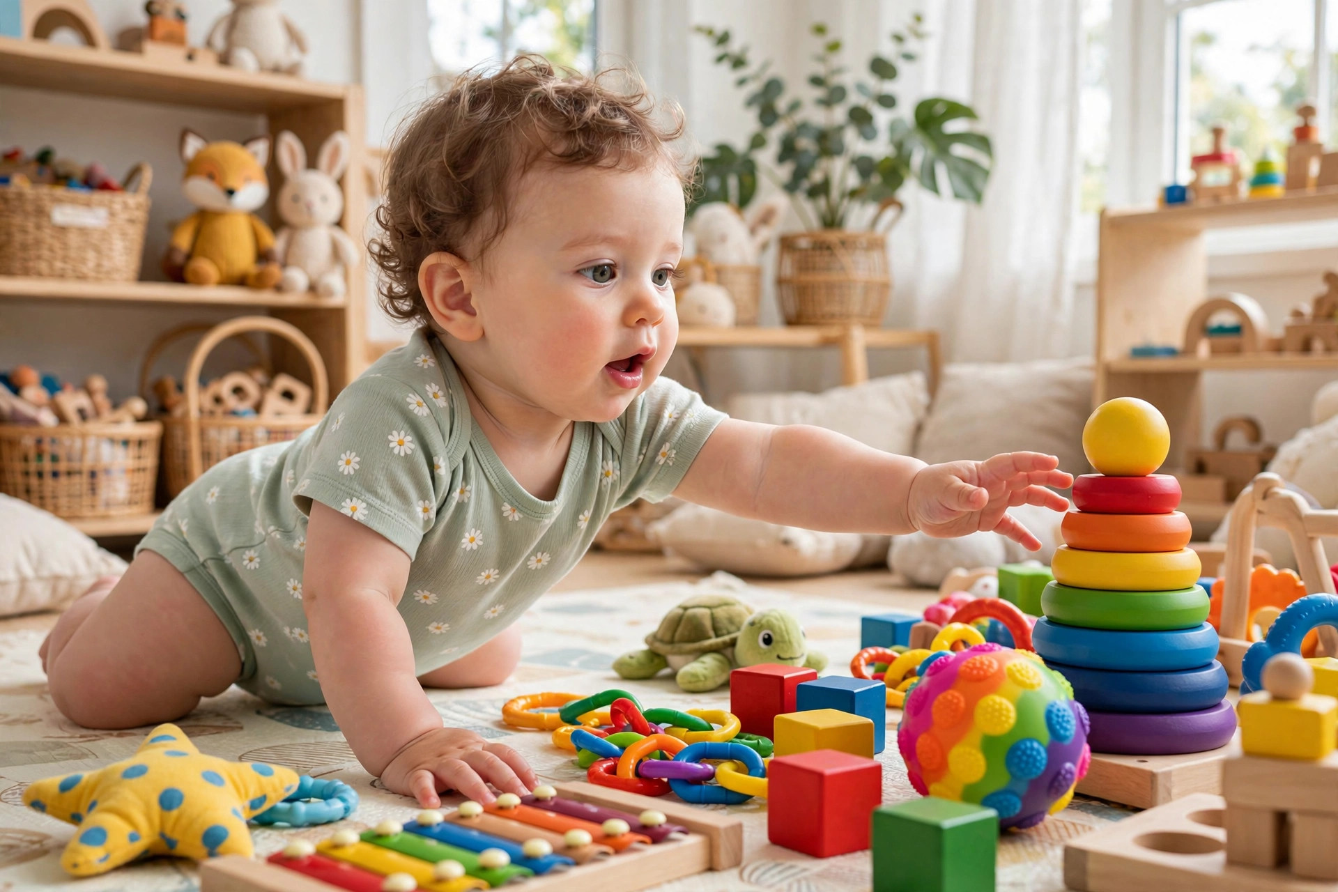 Baby reaching for colorful toys