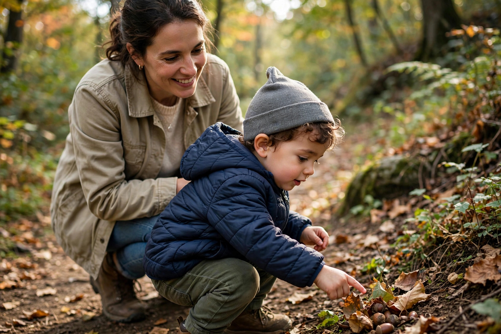 Toddler exploring outdoors with parent