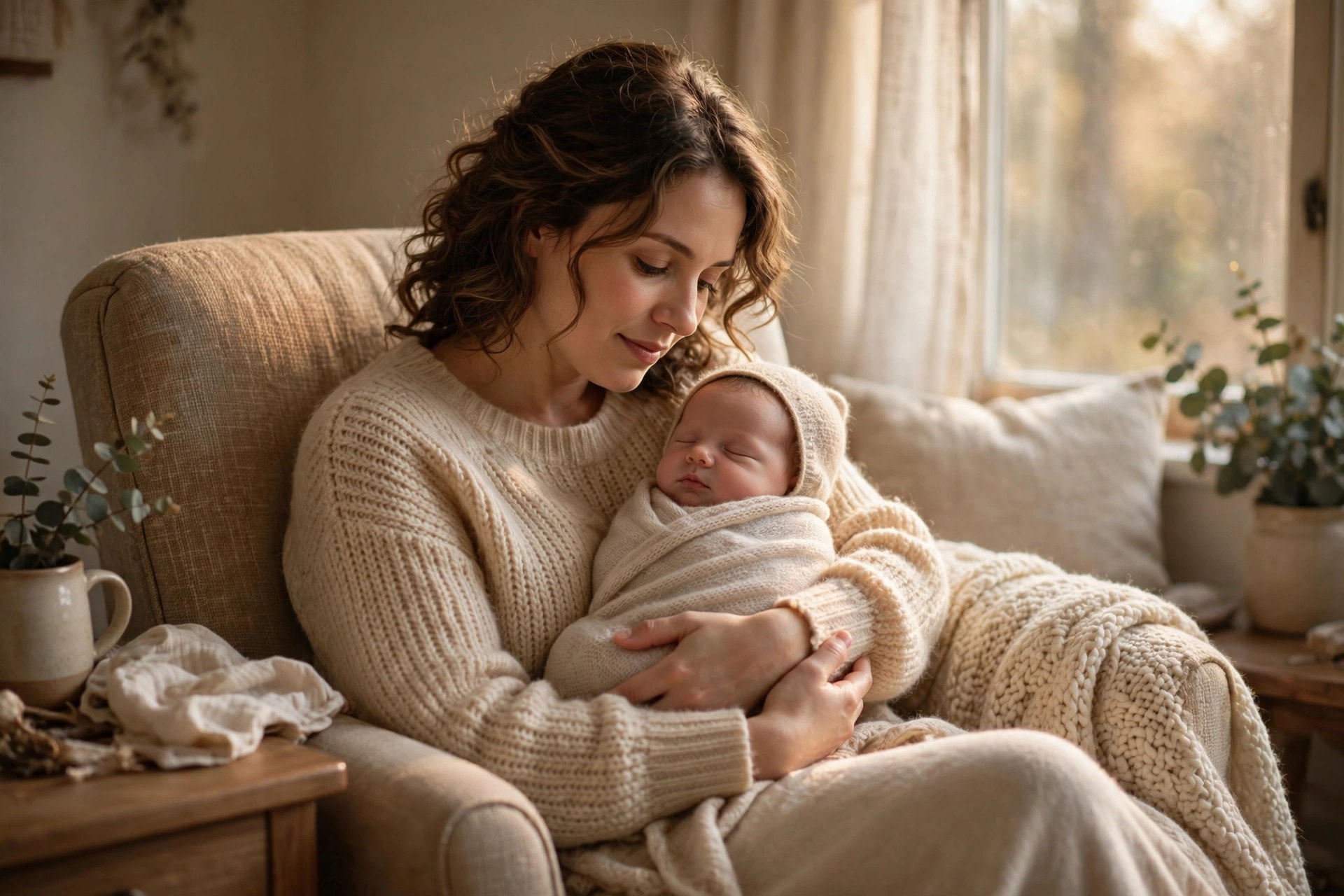 Mother breastfeeding her newborn in a cozy chair