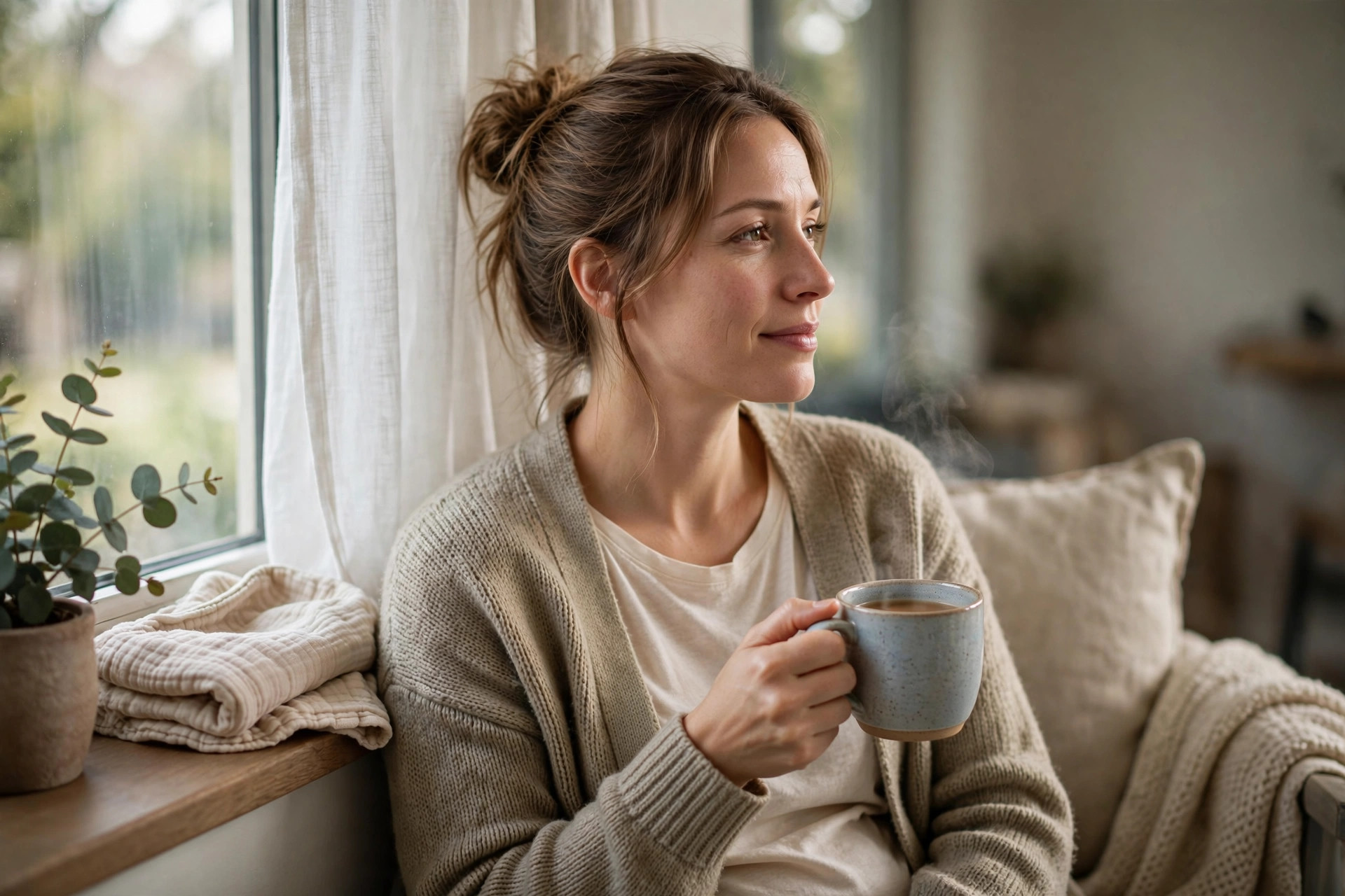 New mother taking a quiet moment with tea by a window