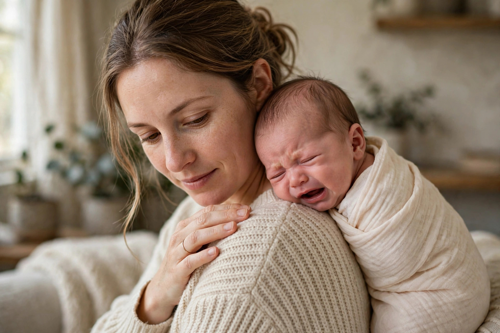 Parent soothing a fussy newborn over shoulder