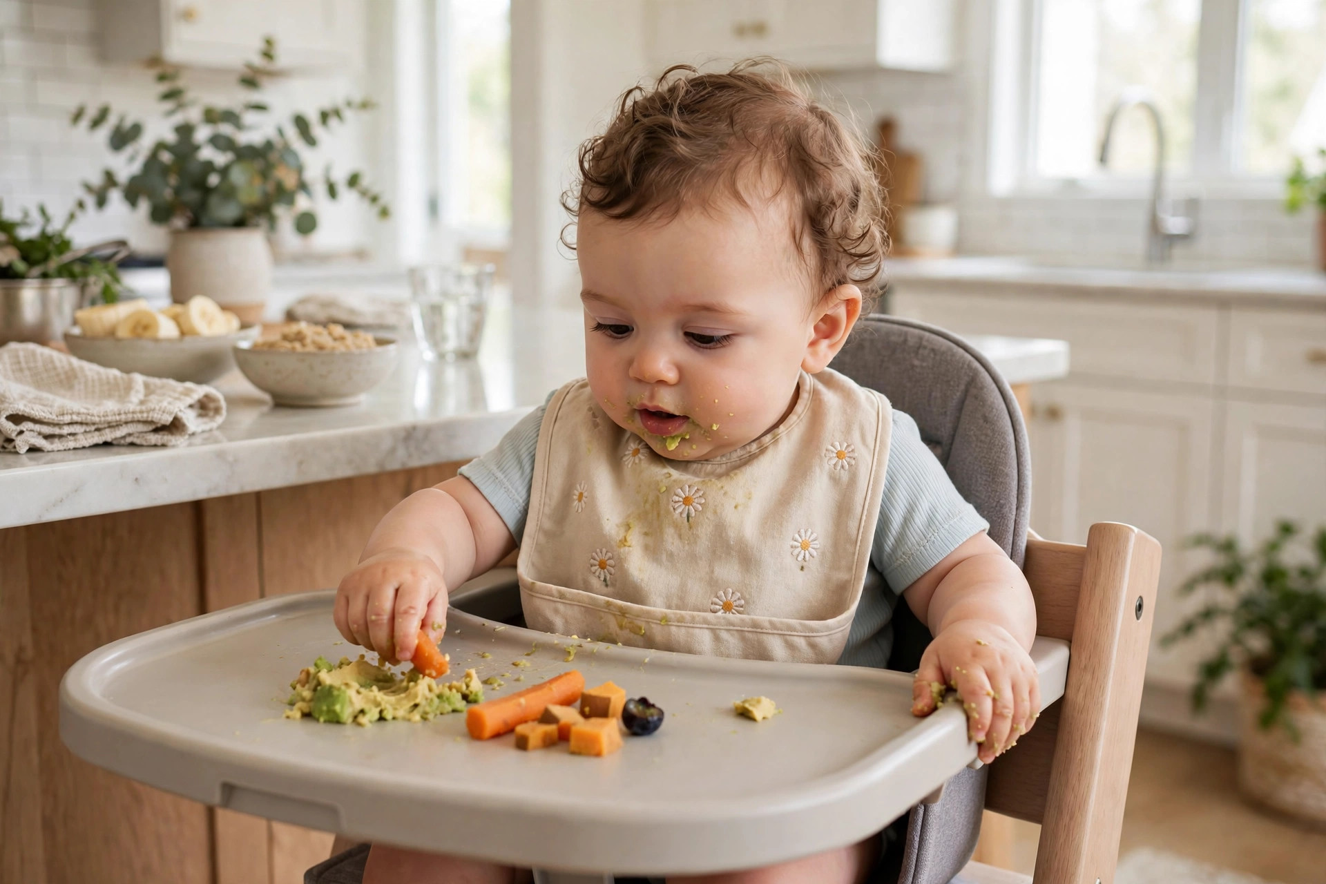 Baby eating first solid foods in a highchair