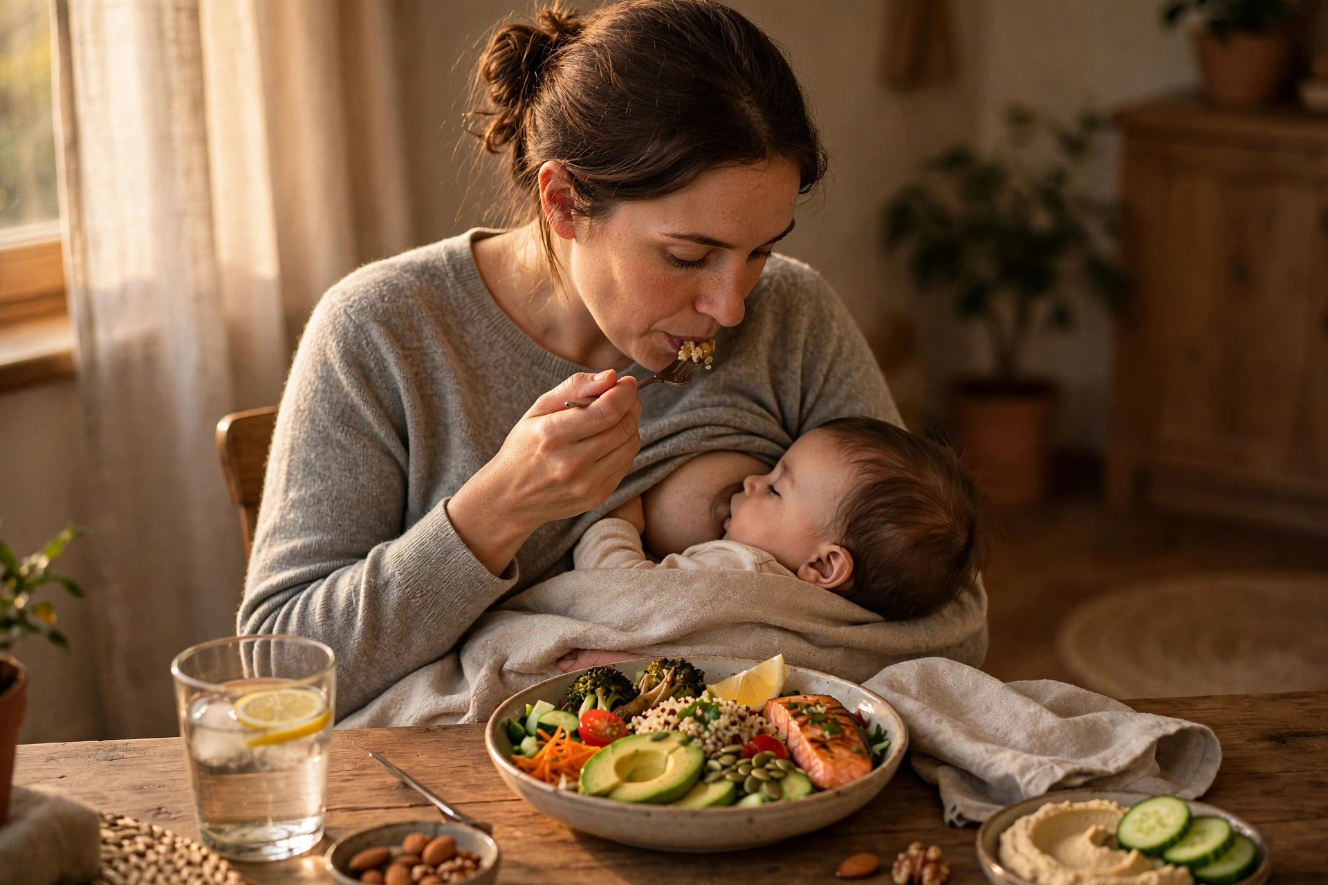 Mother eating a nutritious meal while breastfeeding