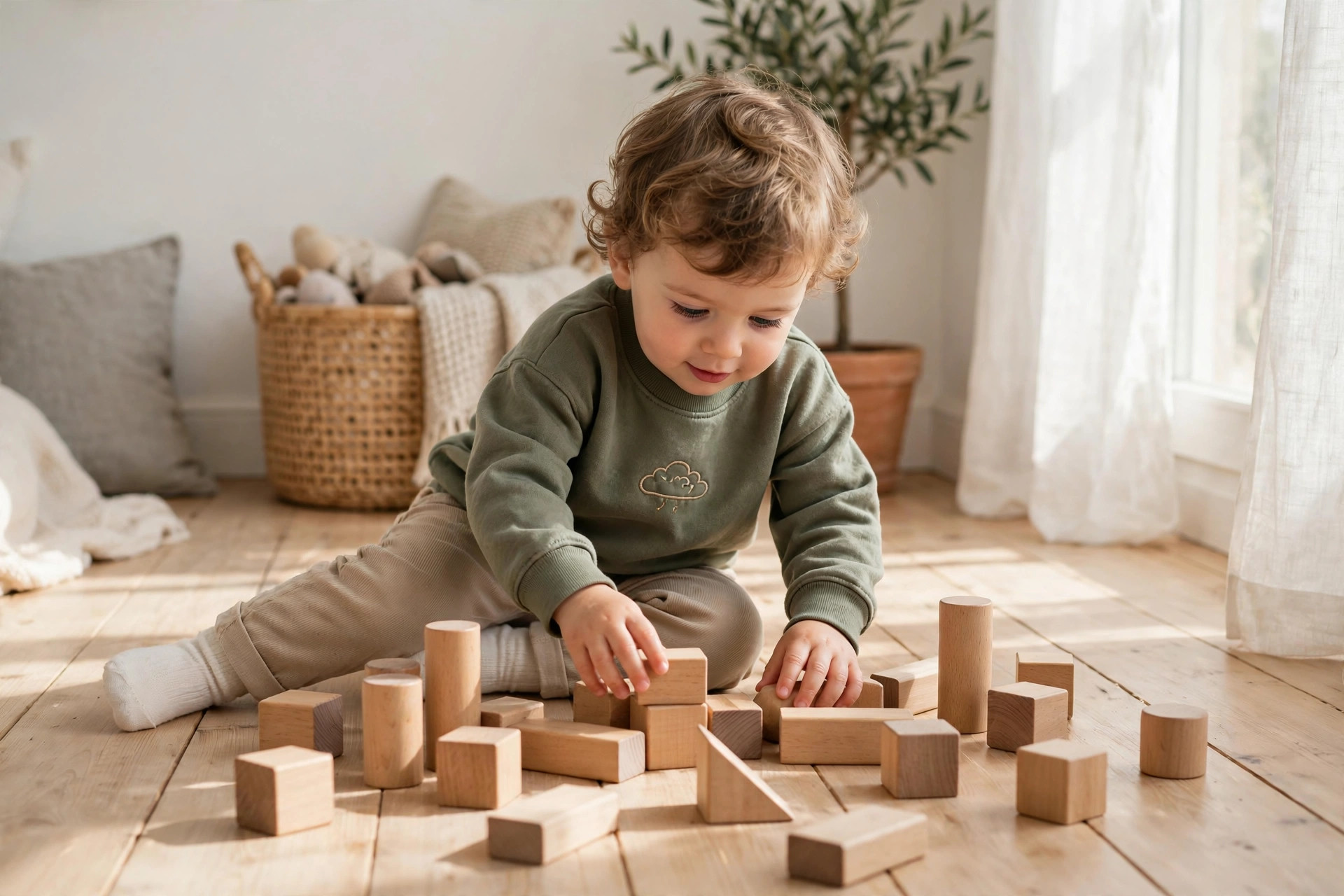 Toddler playing with wooden blocks on the floor