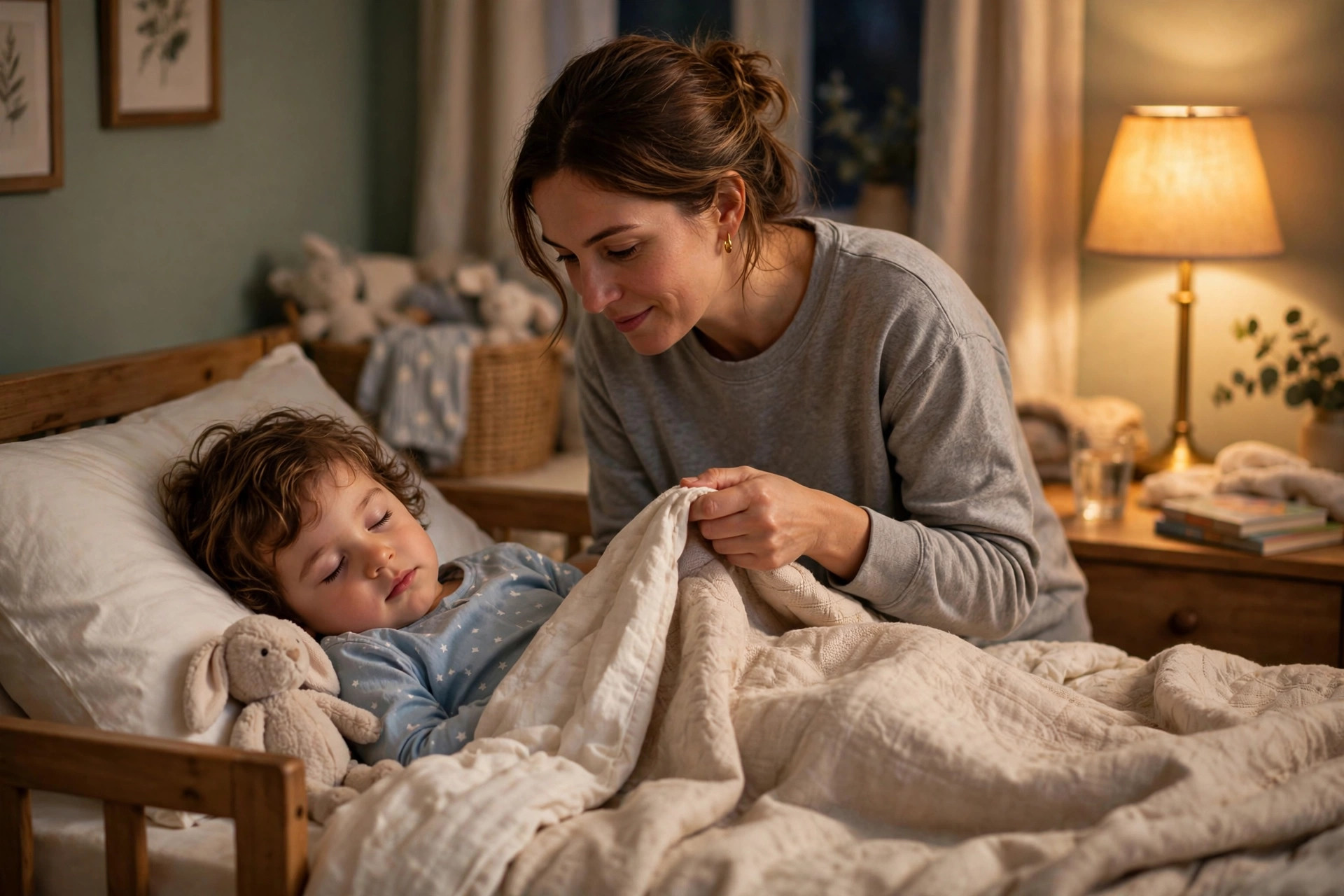 Family bedtime routine, parent tucking in toddler