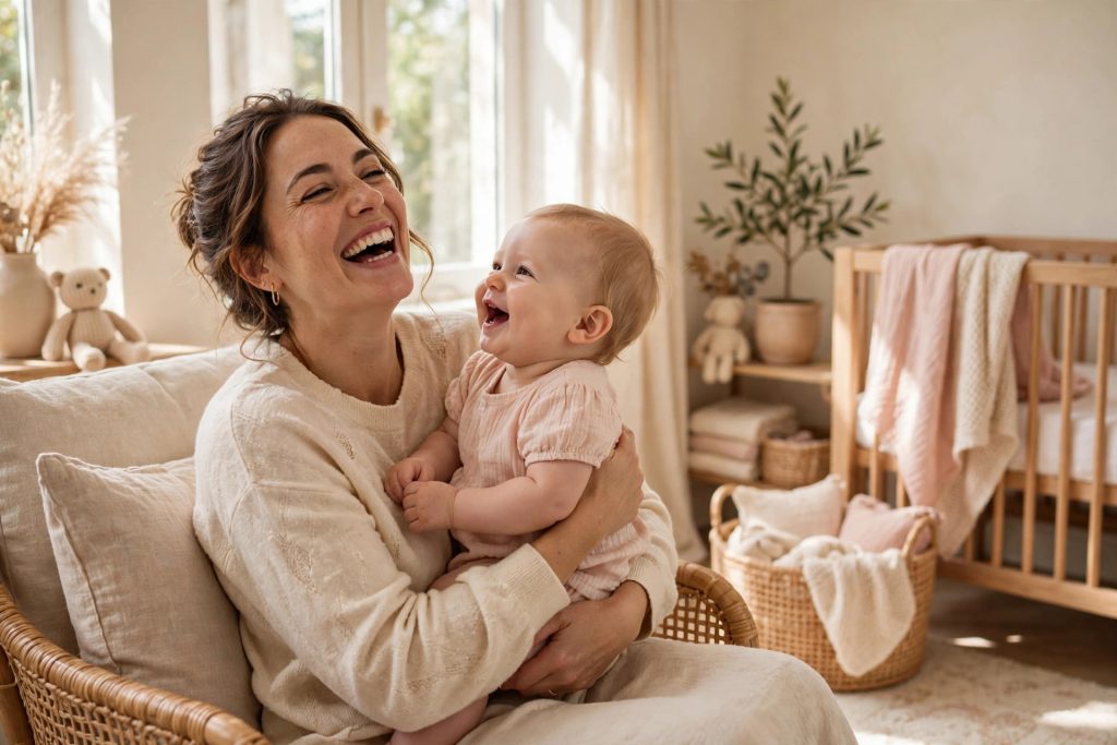 Happy mother laughing with her baby in a sunlit nursery