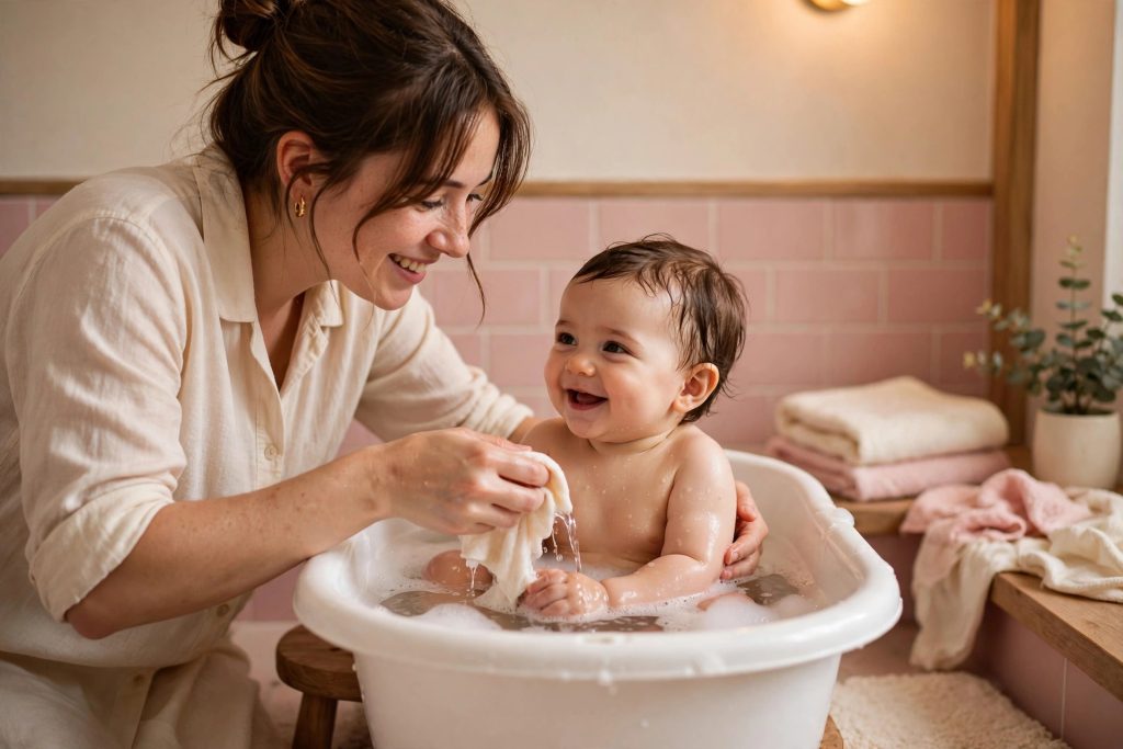 Parent bathing a smiling newborn in a small white tub under warm bathroom light