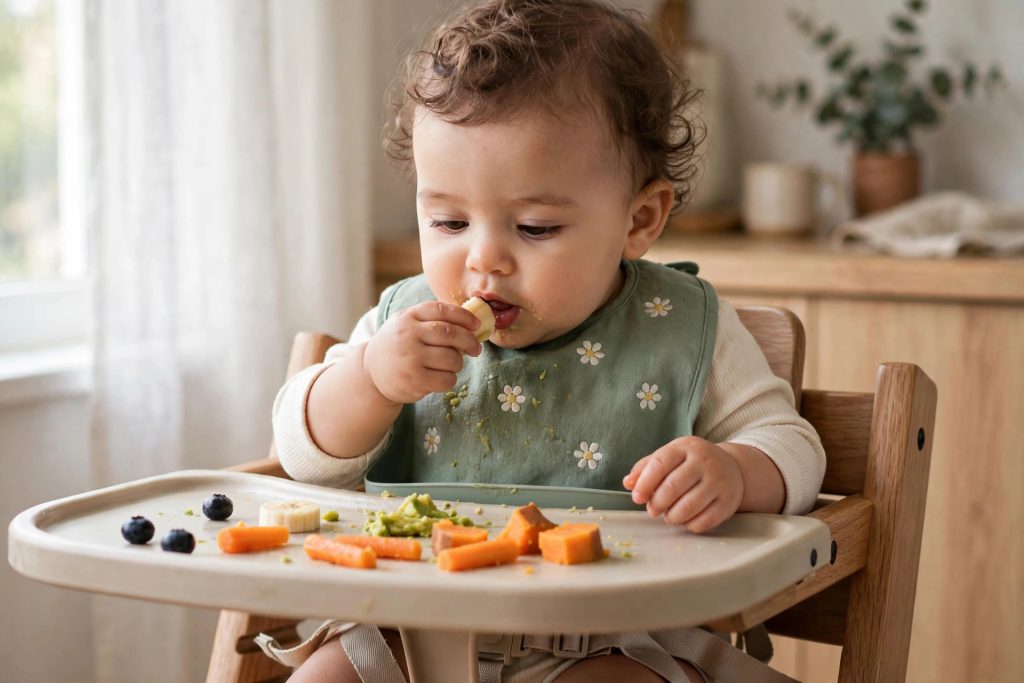 Baby practicing baby-led weaning with soft finger foods