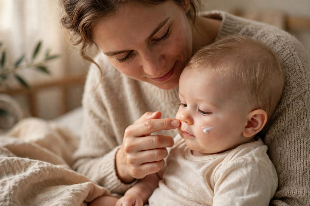 Parent gently applying cream to a baby's cheek — a guide to common baby skin rash types and gentle remedies
