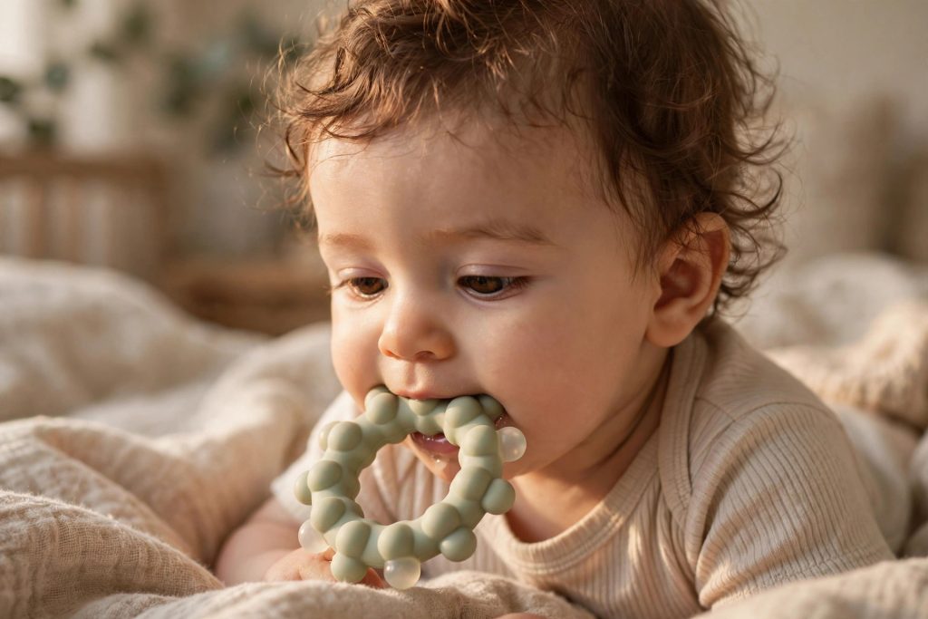 Happy baby chewing on a safe teething ring to soothe teething pain