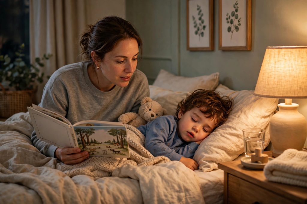 Parent reading a bedtime story during a toddler's bedtime routine