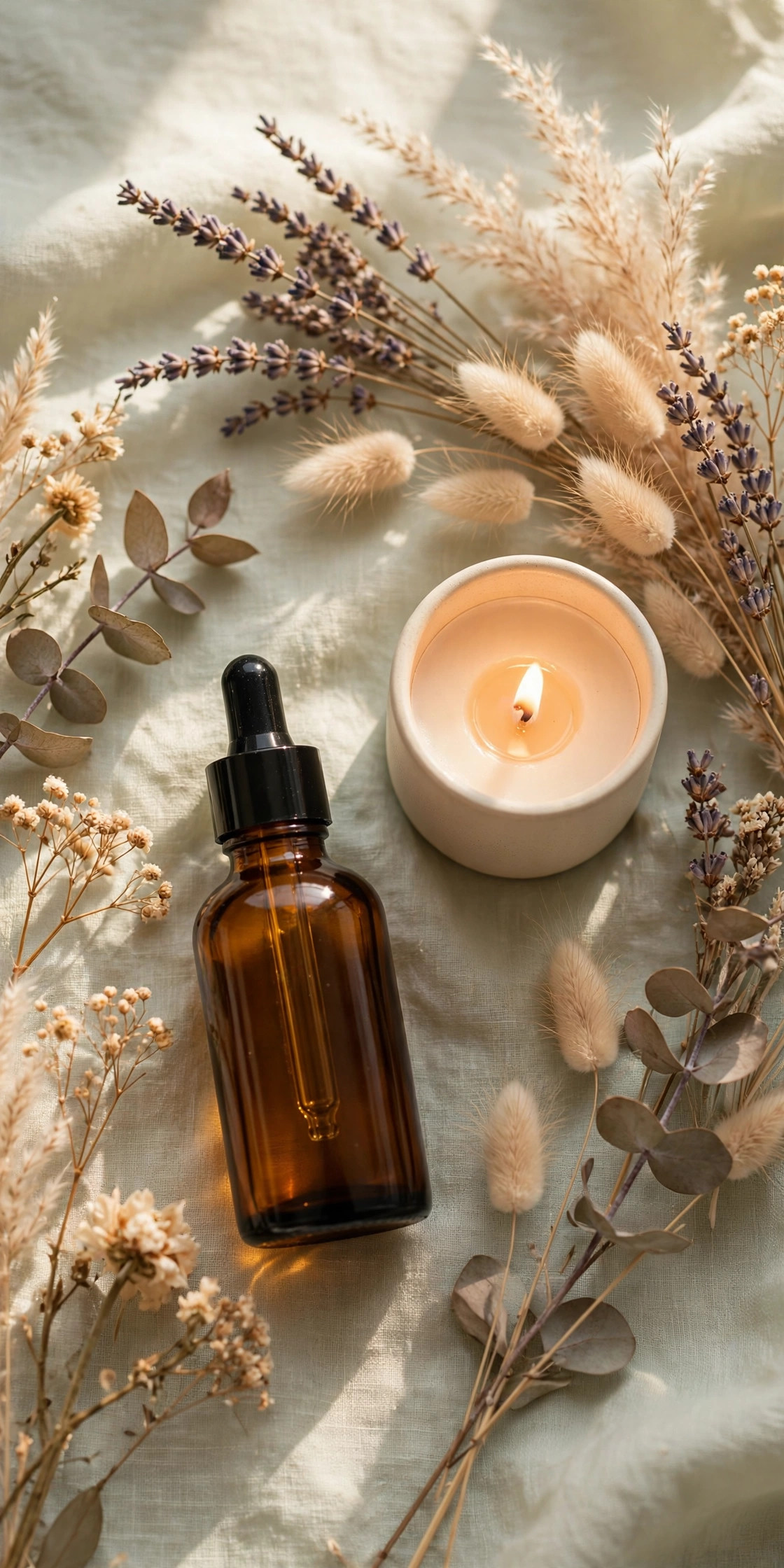 Mother care flat-lay with flowers and candle