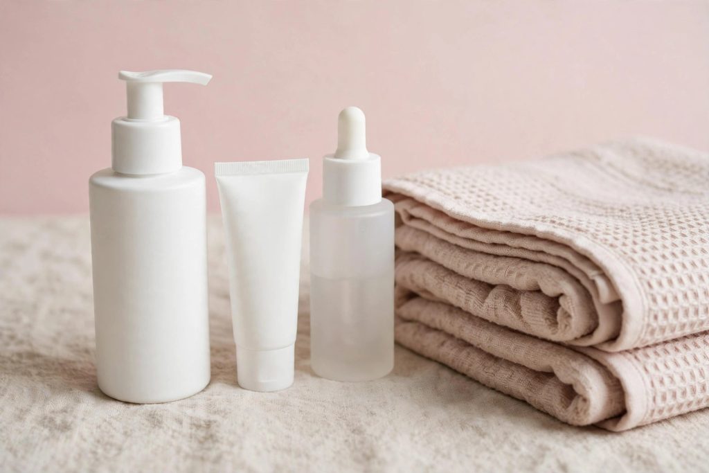 Lineup of fragrance-free baby skincare bottles beside a folded cream towel on a soft pink background