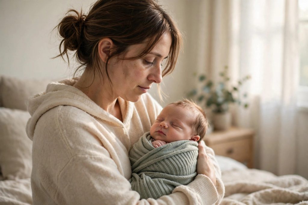Tired new parent holding a sleeping newborn in soft morning light
