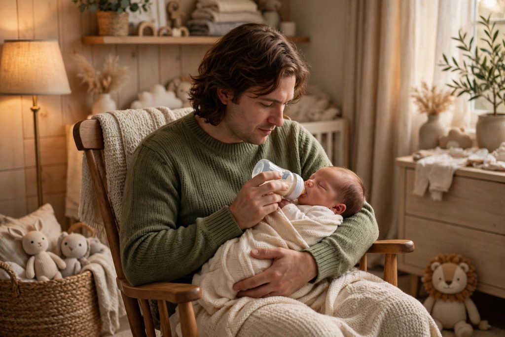 Parent bottle-feeding a newborn baby