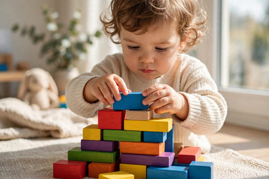 Toddler stacking blocks during fine motor activities for babies