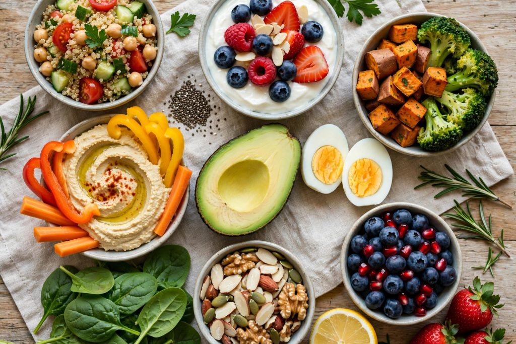 Healthy pregnancy-safe foods arranged on a table