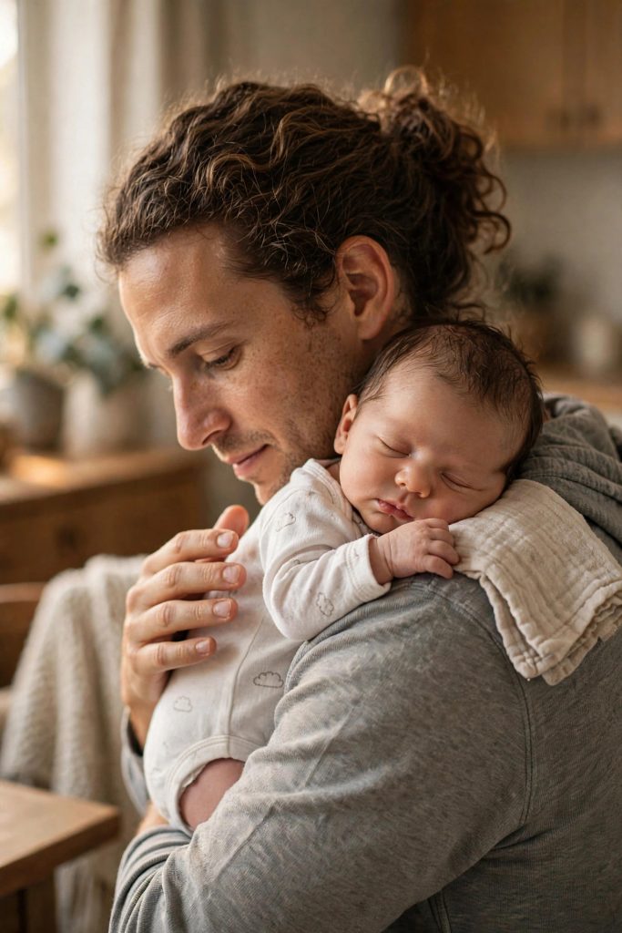 Parent burping a newborn over the shoulder