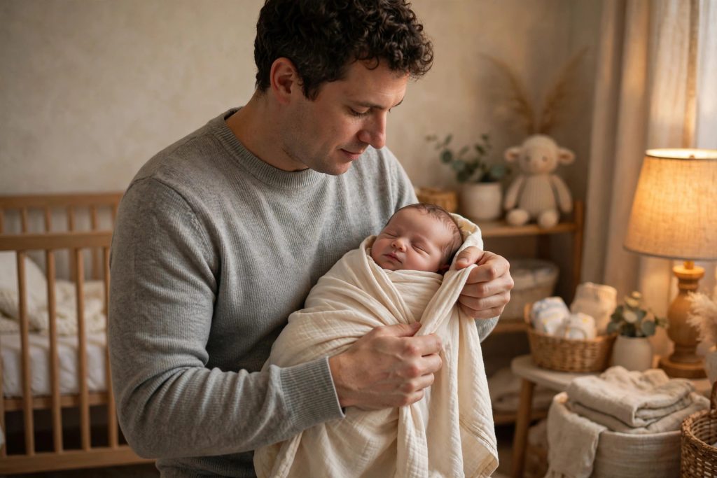 Parent swaddling a newborn baby in a soft blanket