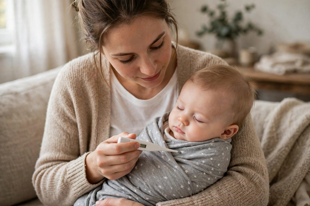 Parent checking a baby's temperature with a digital thermometer