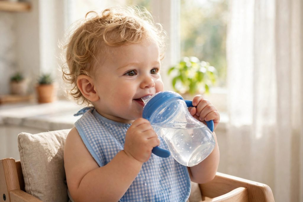 Baby drinking water from a sippy cup