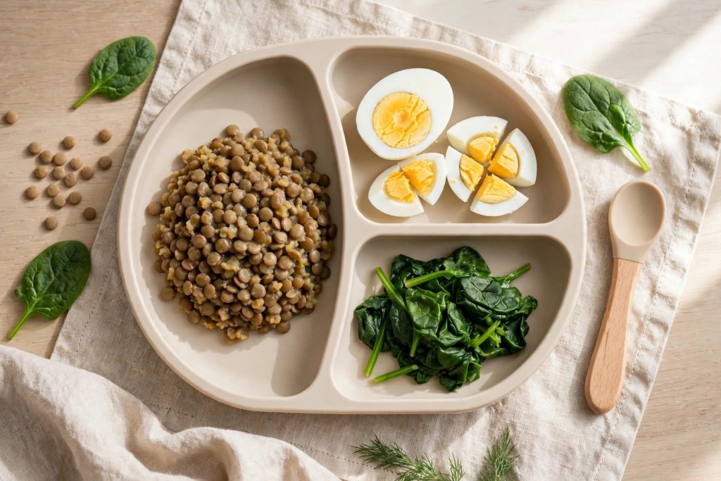Iron-rich foods for babies including lentils, eggs and spinach