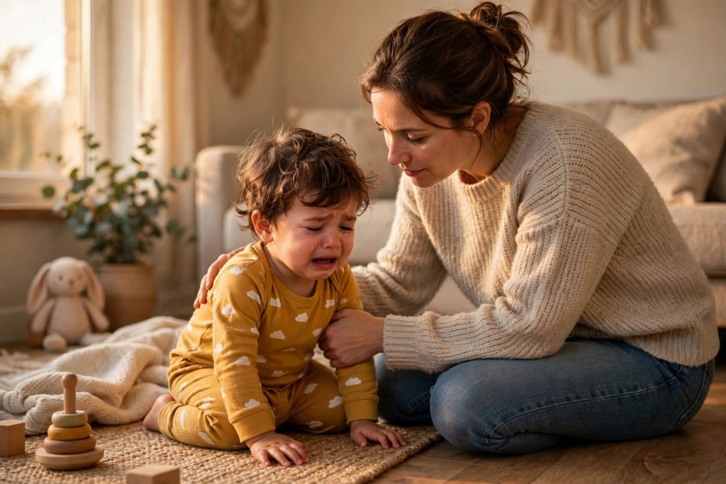 Parent calmly comforting a toddler during a tantrum