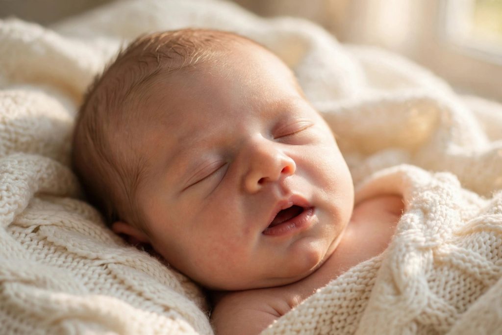 Newborn showing early hunger cues by rooting
