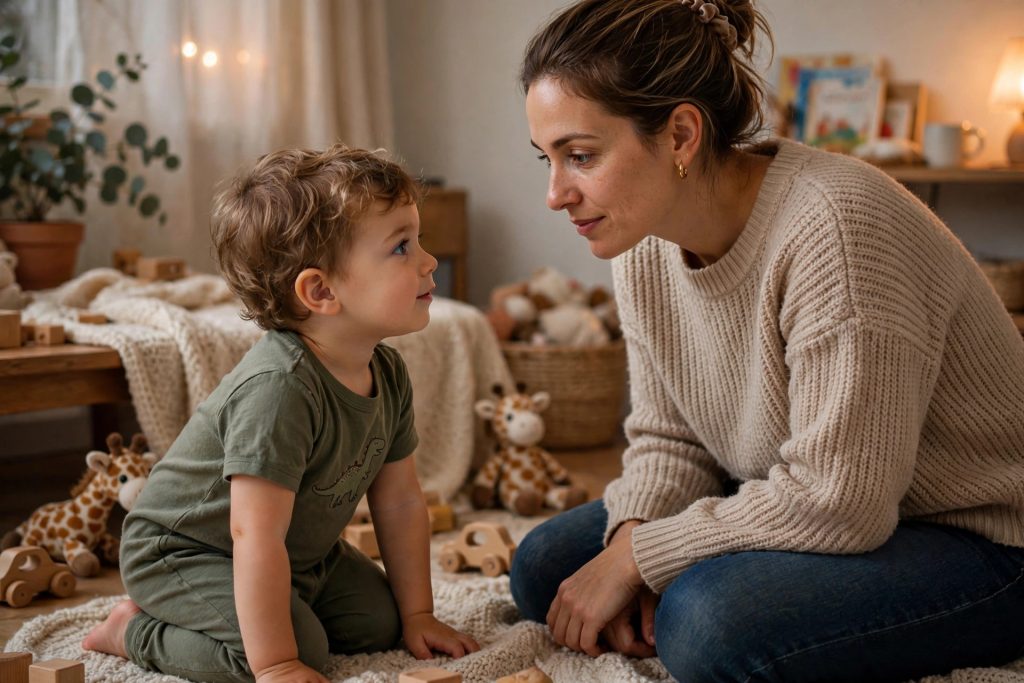 Parent practicing gentle positive discipline at a toddler's eye level