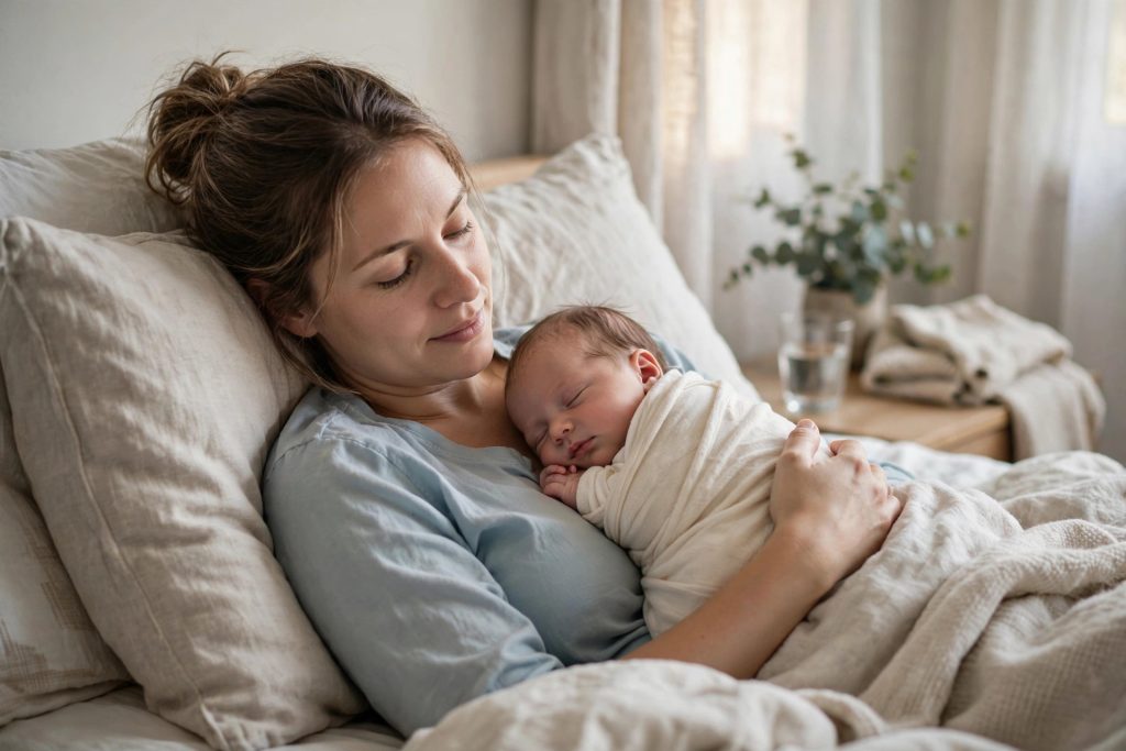 New mother resting in bed with her newborn during postpartum recovery