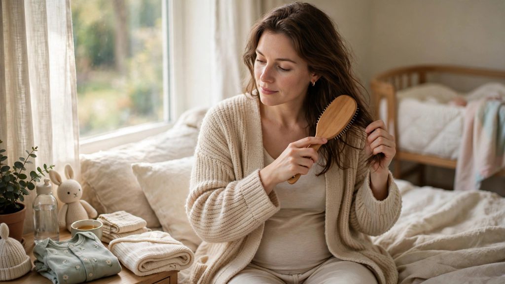 New mother gently brushing her hair postpartum