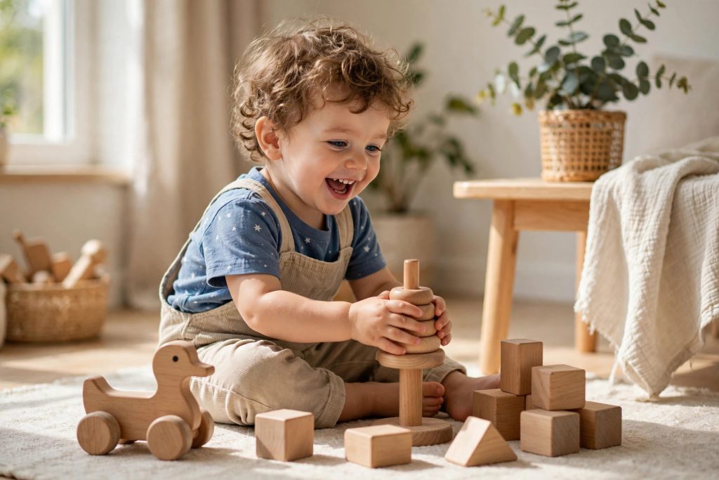 Toddler engaged in creative play with wooden toys