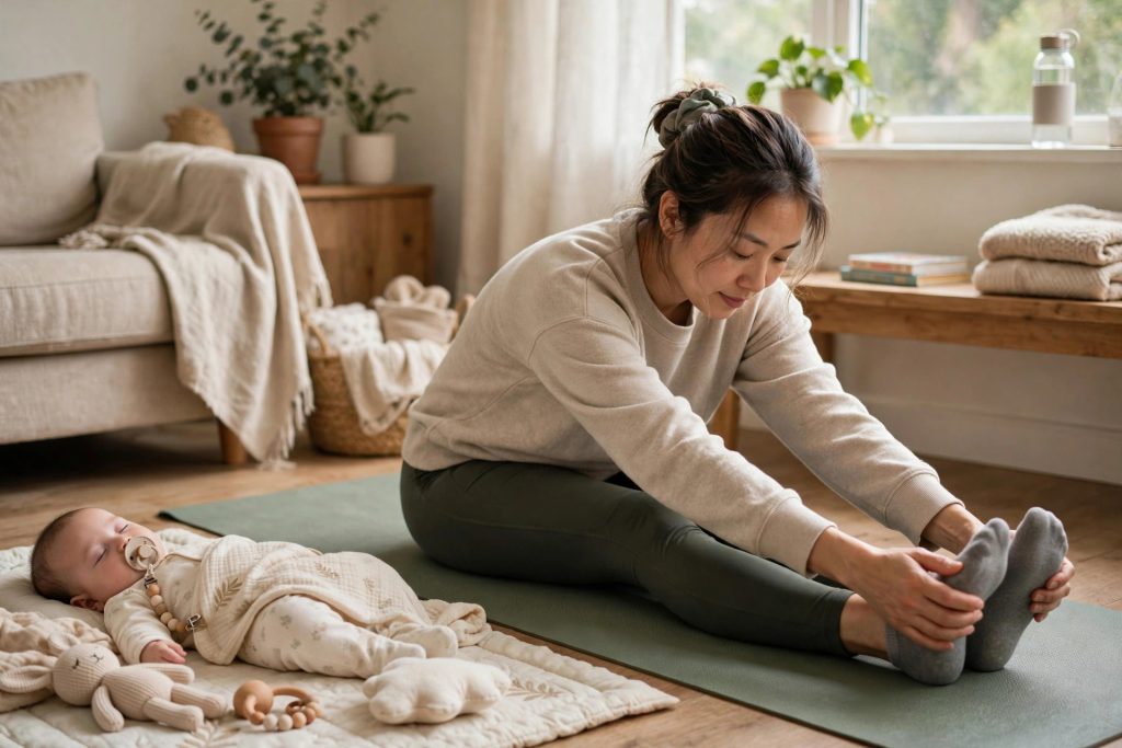 Mother doing gentle postpartum exercise at home