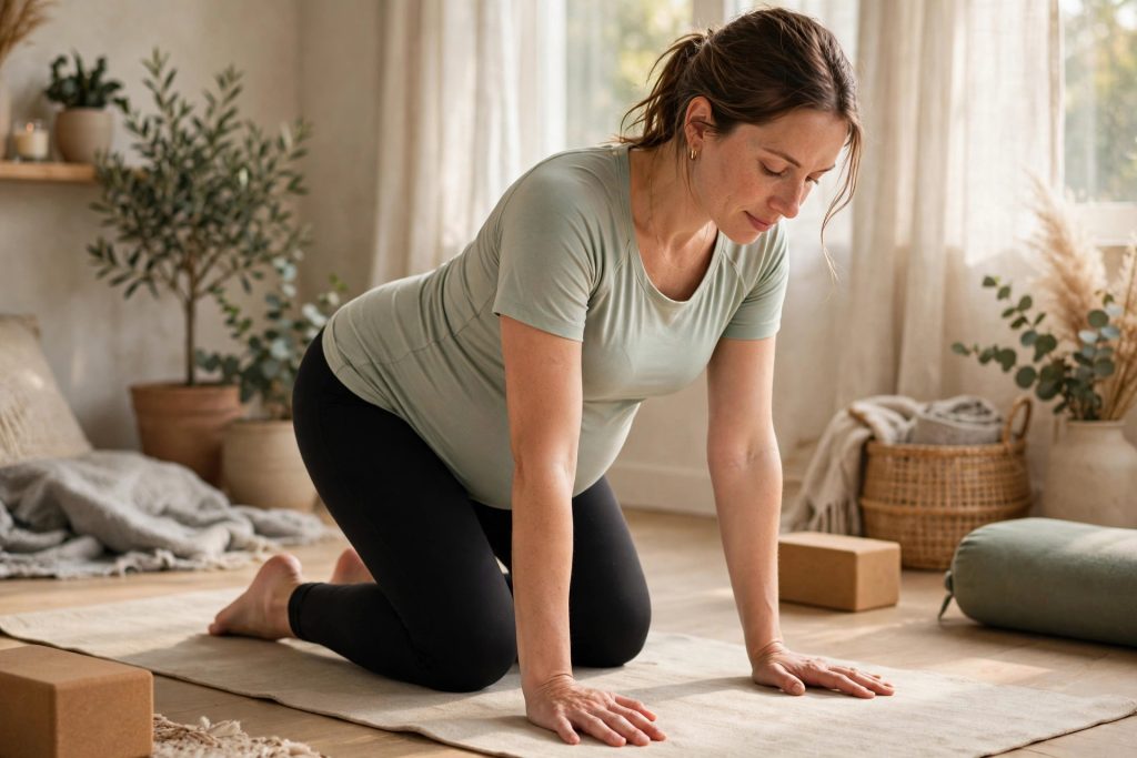 Pregnant woman practicing gentle prenatal yoga