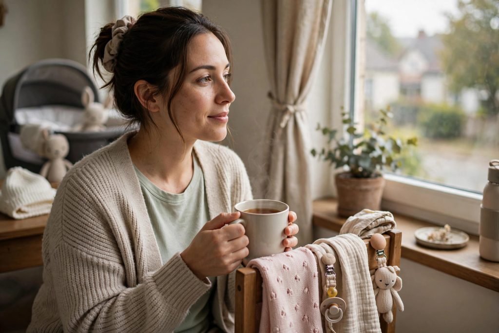 New mother taking a peaceful self-care moment with tea