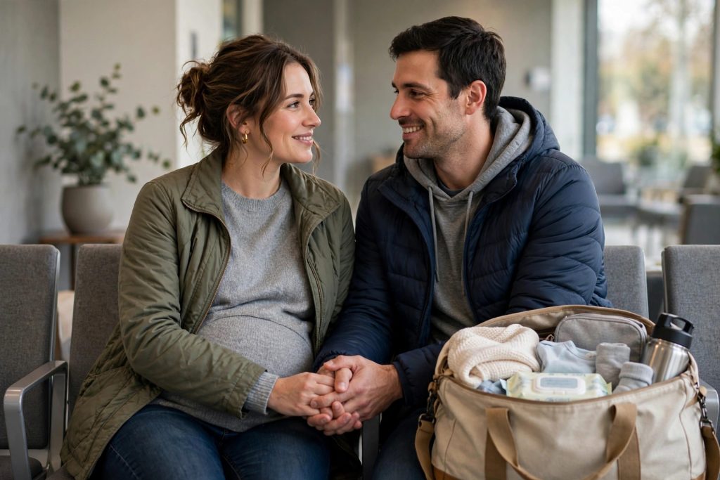 Expectant parents holding hands as they prepare for labor