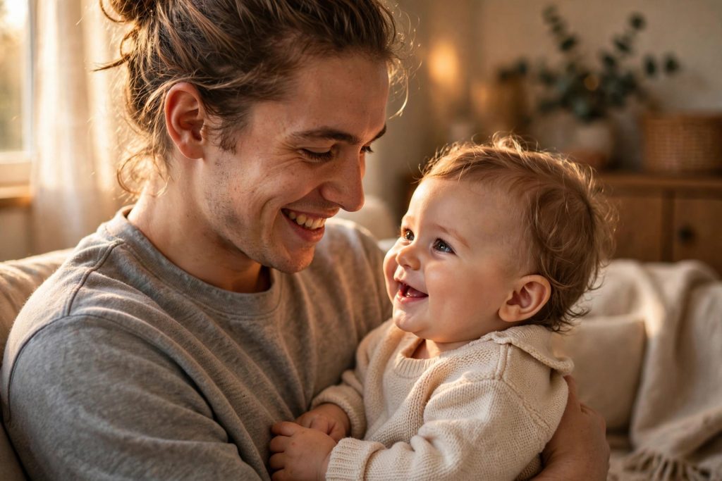 Baby sharing a social smile with parent during social emotional development