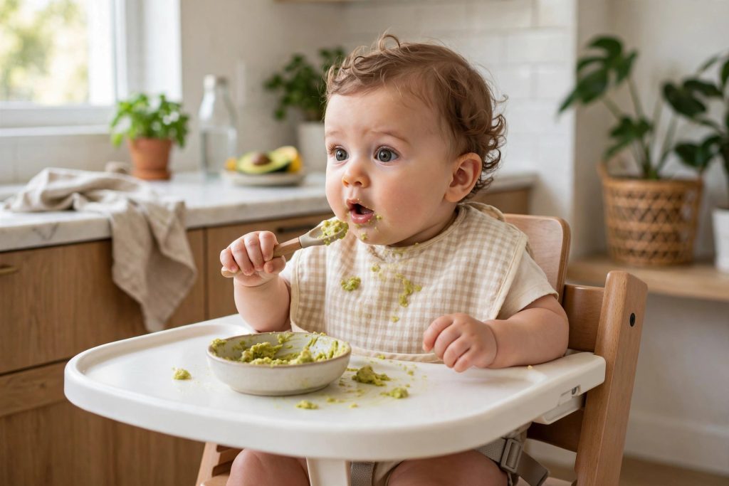 Baby trying first solid foods in a highchair
