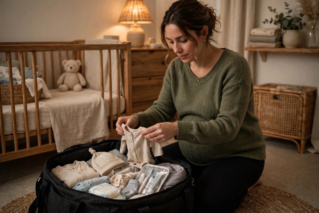 Expecting mother packing a hospital bag in the third trimester