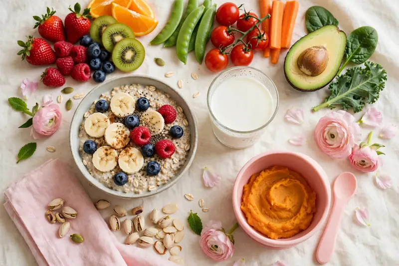 Healthy foods flat-lay for mother and baby