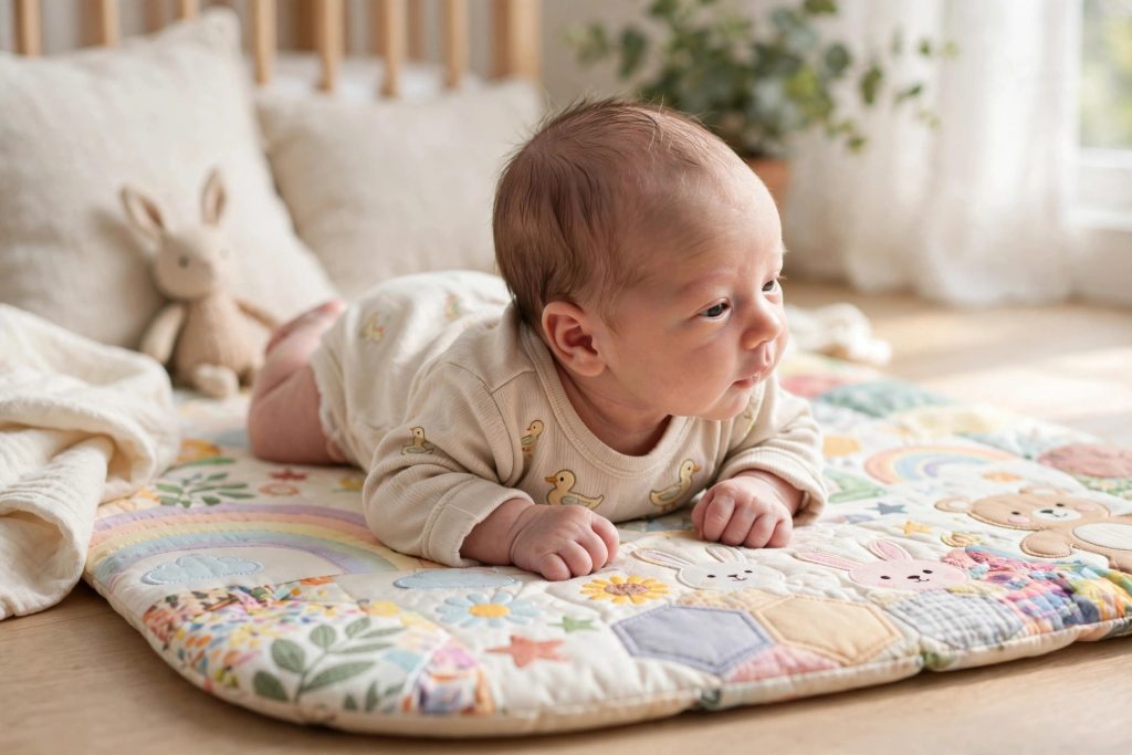 Newborn doing tummy time on a play mat with parent