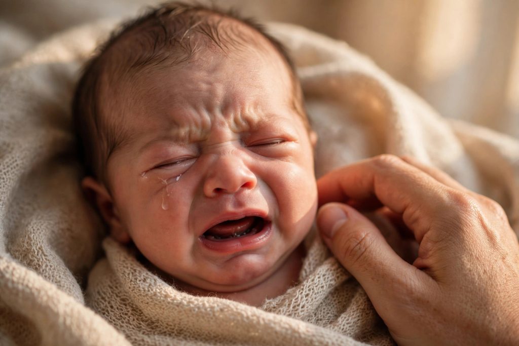 Newborn baby crying with a parent's hand gently comforting them — a guide to baby cries meaning